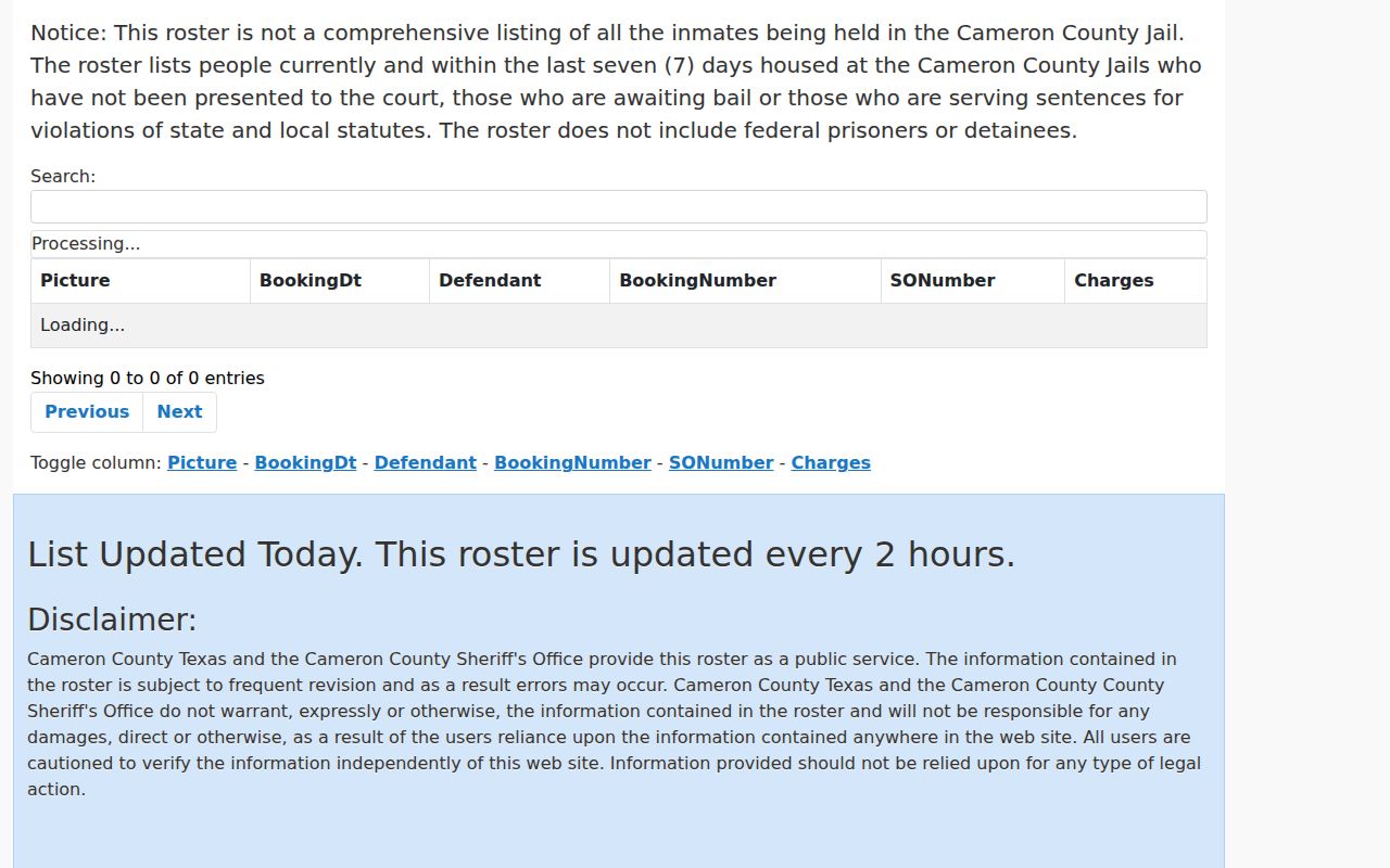 Cameron County released inmate roster seven-day notice