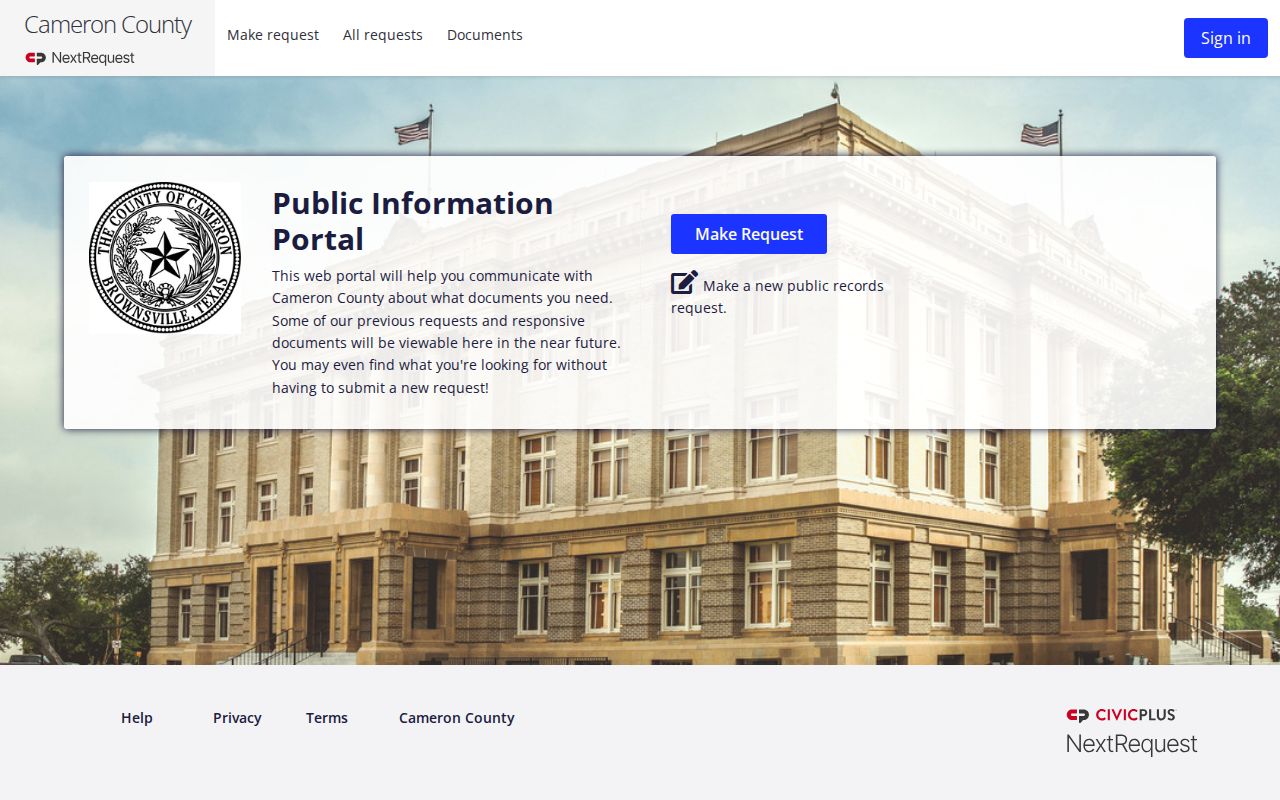 Cameron County NextRequest portal for booking photos and release sheets