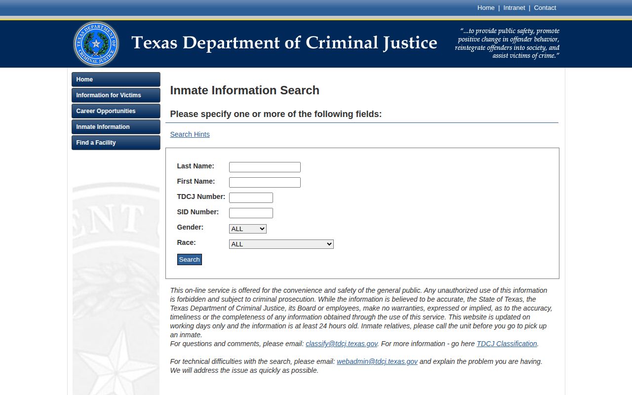 TDCJ search fields for Cameron County state release lookup