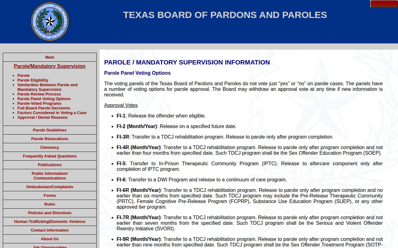 Texas parole FI NR RMS and DMS decision options