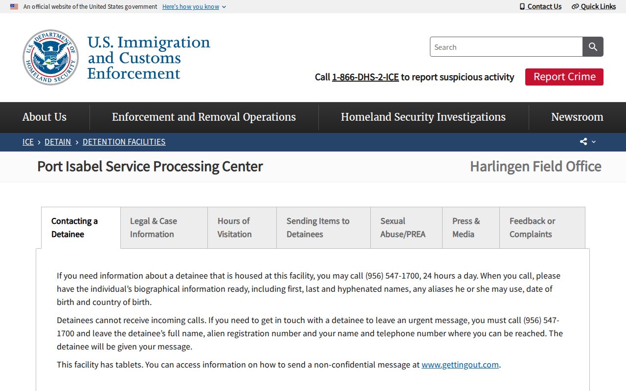 Port Isabel Cameron County ICE release contact context