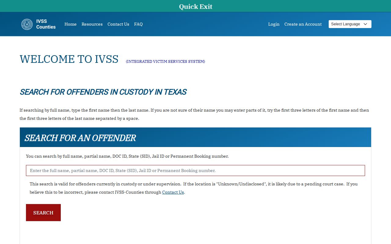 Texas IVSS-Counties person search interface